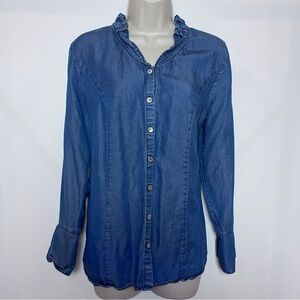 Soft Surrounding Regal Blue Button Down Denim Button-Up Shirt with Ruffle Neck